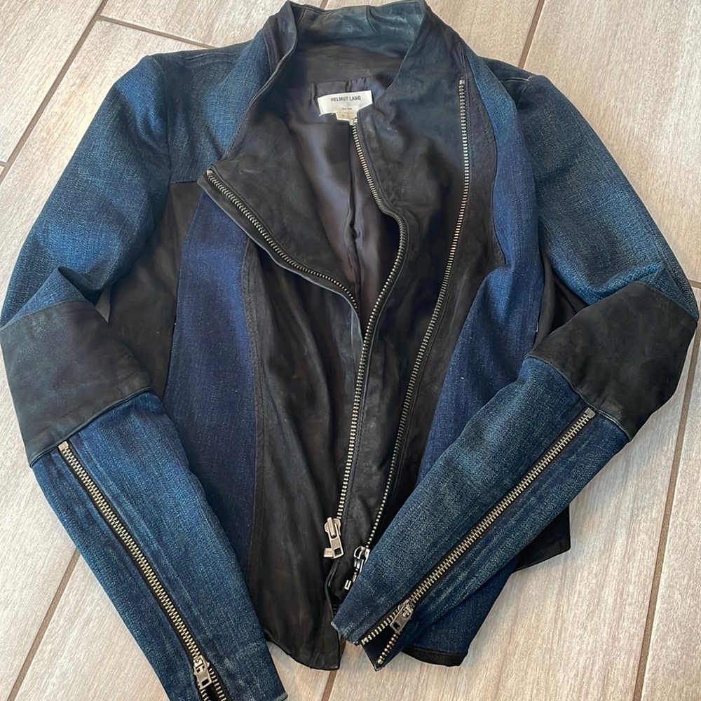 Helmet Lang denim and suede Moto jacket